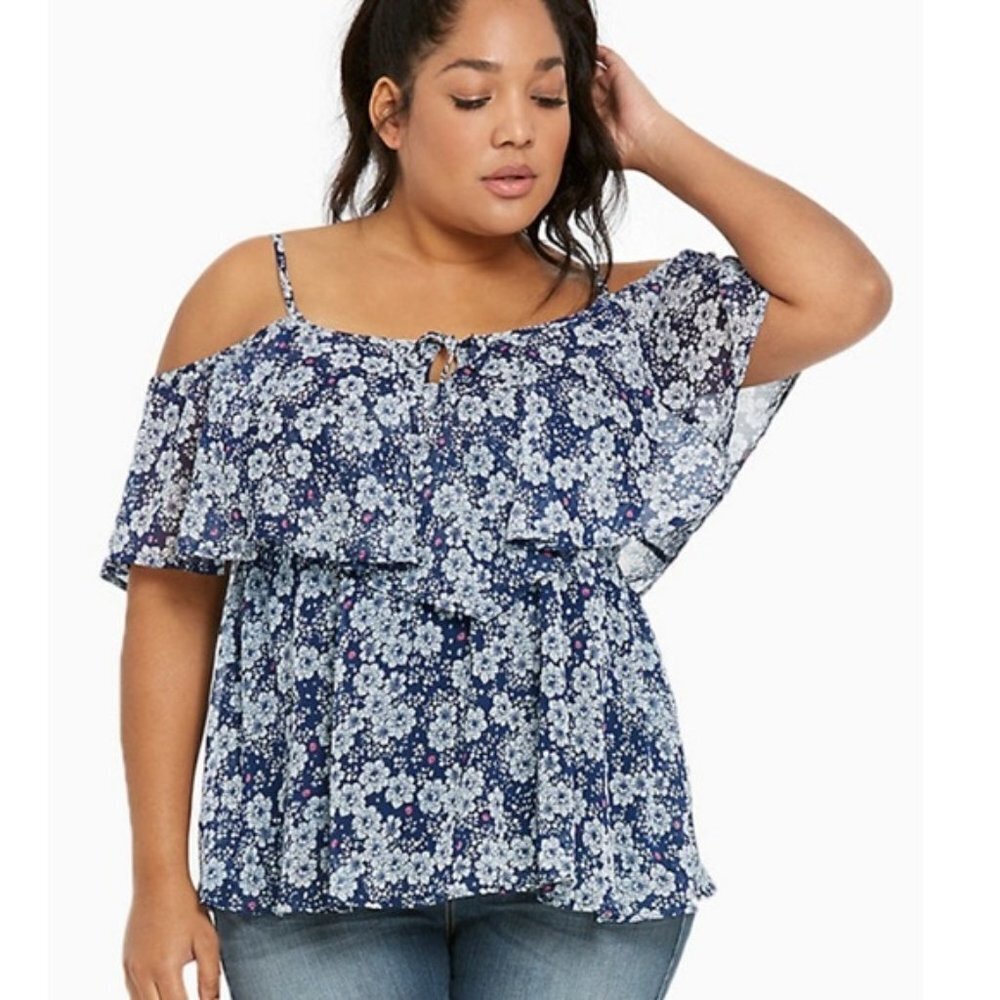 Torrid Floral Chiffon Ruffled‎ Shoulder 5 Plus Size 5X Blue Grey Pink
